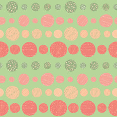 Hand drawn circles in vibrant tropical colours. Seamless horizontal geometric pattern with crayon texture. Great for wellbeing, party, organic, beauty, spa products, fabric, giftwrap, stationery.