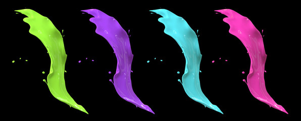 Colorful paint splashes set. Neon colors splashes isolated on black. 3d render.
