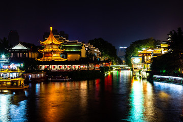 Nanjing, Jiangsu, China: Qin Huai river in the area around Confucius temple scenic area is one of the top touristic places in Nanjing and is beautifully lighted at night