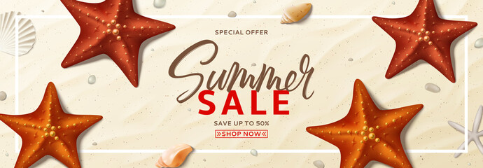 Fototapeta na wymiar Summer sale vector background. Summer banner with top view on realistic seashells and starfishes on sea beach. Vector illustration with special discount offer.