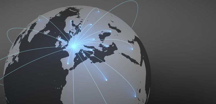 Shipments to the whole world from France. Image of the world with illuminated connections.