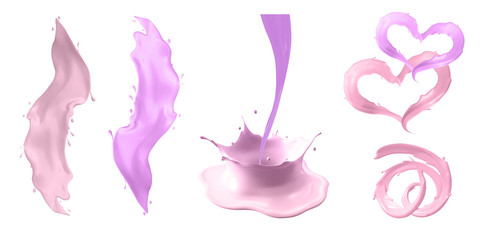 Pink liquid splashes set:  food, drink, yogurt, coctail, cream.  Collection of liquid splashes isolated on white background. 3d render