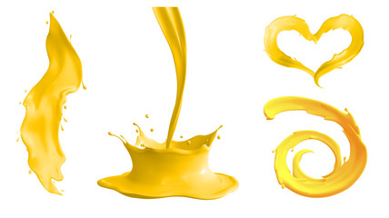 Set of yellow liquid splashes. Juice or paint splashes clip art. 3d render
