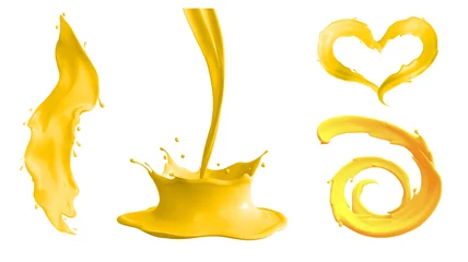 Gordijnen Set of yellow liquid splashes. Juice or paint splashes clip art. 3d render © neon_dust