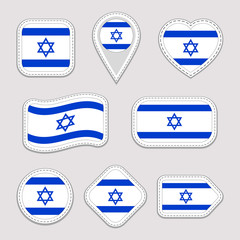 Israel flag vector set. stickers collection. Isolated geometric icons. Country national symbols badges. Web, sport page, patriotic, travel design elements. Different shapes.