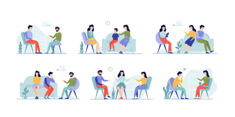 Fototapeta premium People at psychologist set. Family on consultation