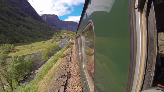 World Famous Flamsbana Railway - Exterior View of the Train and Beautiful Valley