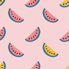 Yellow and red watermelon slice seamless hand drawing vector pattern on pink background. Simple summer print in doodle style