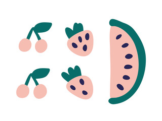 Cherry, watermelon and strawberry hand drawn vector illustration. Fruit and berries print