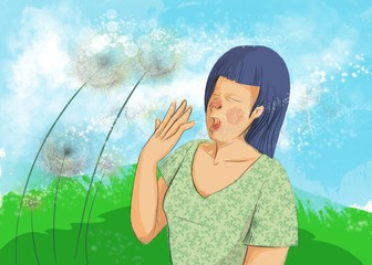 Illustration of woman sneezing in the open air due to spring allergy from pollen