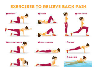 Exercise set to relieve back pain. Stretching and training