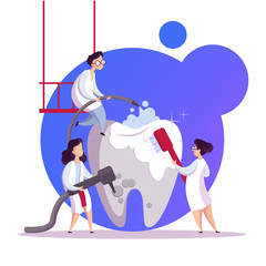 Group of dentist treat big tooth. Medical treatment