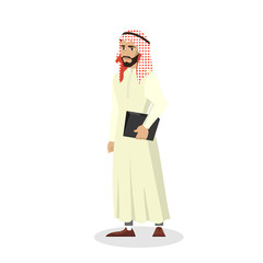 Arab businessman standing with documents in national clothes