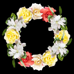 Beautiful floral circle of roses and Apple blossom  