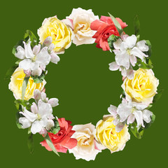 Beautiful floral circle of roses and Apple blossom  