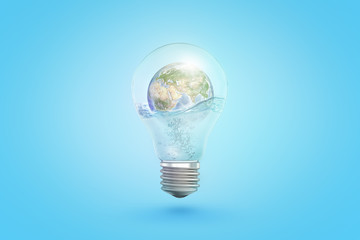 3d rendering of transparent light bulb with earth globe inside on blue background