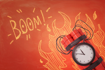3d rendering of dynamite time bomb with yellow BOOM sign and fire flames drawn on orange background
