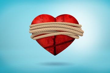 3d rendering or red broken heart tied with a rope on blue background