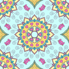 Fototapeta premium Decorative colorful ethnic seamless pattern for fabric or wrapping in oriental style. Hand drawn illustration