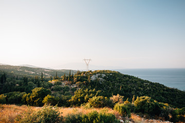 Fototapeta na wymiar Overhead powerline on Greek Island