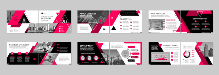 Brochure creative design. Multipurpose template with cover, back and inside pages. Trendy minimalist flat geometric design. Horizontal landscape a4 format.