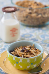 Granola with milk in a colorful bowl