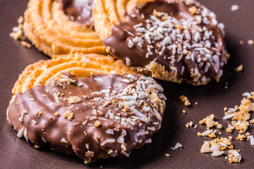 Homemade butter cookies covered with chocolate.