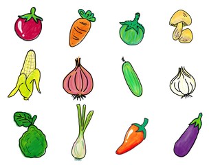 Drawings many kinds of fruits and vegetables on isolated background