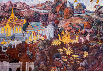 The mural paintings which depict the story of the Ramakien at the surroundings wall of Wat Phra Kaew It's so beautiful  This place is located in the Grand Palace, Bangkok, Thailand  March 17, 2019