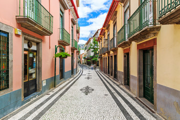 Beautiful fresh vibrant cityscape view of the authentic streets of Funchal, Madeira