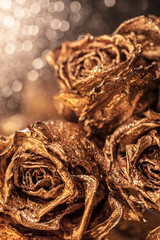 Abstract macro fine-art background with golden roses and water drops. Symbol of love, wealth, rich.