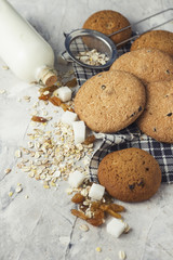 Bottle with milk and oatmeal cookies on a stone background. Oatmeal, raisins, sugar cubes. Scene from breakfast