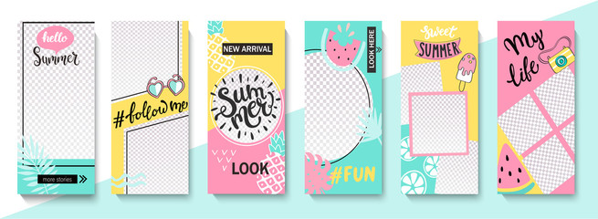 Set ot summer insta templates for life stories and news. Backgrounds for your design, for social media landing page, website, mobile app and poster, flyer, coupon, gift card. Vector illustration.