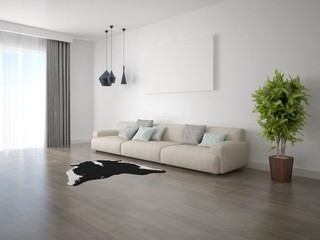 Mock up fashionable living room with a large modern sofa and bright hipster backdrop.