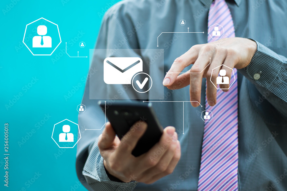 Poster businessman presses button email web on phone virtual electronic user interface.