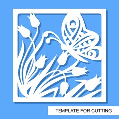 Square decorative panel with flowers tulips and butterfly. White object on a blue background. Template for laser cutting, wood carving, paper cut or printing. Vector illustration.