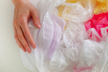 Collected plastic bags will be recycled. Ecology environment protection. Ecology. Recycled material. Mass consumption.