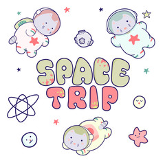 Kawaii cute cats astronauts flying in space, among the planets and the inscription lettering Space Trip