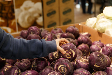 대형마트 야채코너에서 야채를 고르는 손 (콜라비)