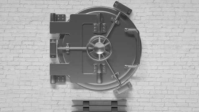 1080p HD Resolution Video: Metallic Bank Vault Door in front of Brick Wall Slowly Opening and Showing White Screen Inside for Yours Design