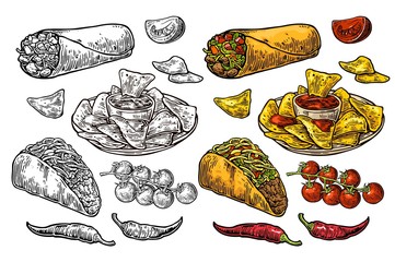Mexican traditional food set burrito, tacos, chili, tomato, nachos. Engraving