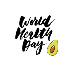 Hand sketched text 'World Health Day' on textured background. Celebration hand drawn text for postcard, card, banner template. Vector lettering typography. Calligraphy with objects.