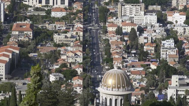 Golden Dome Of Memorial Building In Bahai Gardens  temple in  Haifa, Israel