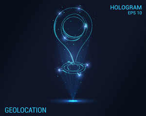Geolocation hologram. Digital and technological background of the geo label. Geolocation consists of rays of light.