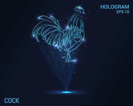 Cock a hologram. Digital and technological rooster background. Futuristic poultry design.