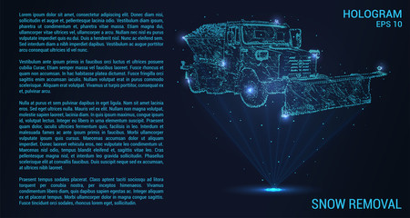 Snow removal hologram. Digital and technological background of snow-clearing equipment. The snow machine consists of beams of light.