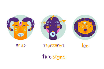 The Fire element. Zodiac signs. Hand drawn trendy illustration. Flat design. Colored vector set. All elements are isolated