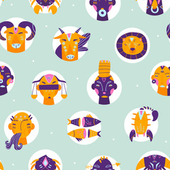 Zodiac signs in circles. Hand drawn trendy illustration. Flat design. Colored vector seamless pattern. Pale blue background
