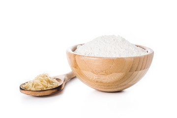 White rice flour in a bowl isolated on white background