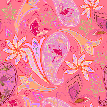 Seamless colorful pattern with paisley and butterflies. Traditional bright ethnic ornament. Vector print. Use for wallpaper, pattern fills,textile design.